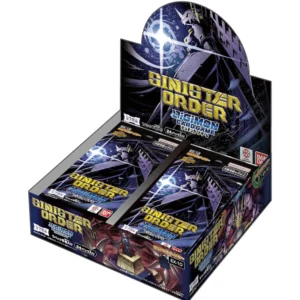 Each Digimon Card Game EX10 Booster Box - Sinister Orders contains 24 Booster packs, each booster pack contains 12 cards. A huge gathering of evil Digimon! Starting with BlackWarGreymon the villains, virus Digimon, opposing the heroes from each anime series can be found here! The enemy forces and rivals that follow these Digimon are also included! "Yujin Ozora" from "Digimon Universe App Monsters" also joins the battle! From "Digimon Universe App Monsters" comes "Yujin Ozora"! Unlock the God App and summon Deusmon! "Close" and "Sunarizamon" from "Digimon Liberator" are back! "Digimon Liberator" is taking interesting turns! For this booster Close and Sunarizamon are back with new power! Rarity Common: 22 types Uncommon: 20 types Rare: 18 types Super Rare: 12 types Secret Rare: 2 types Special Card: 4 types Also includes alternate art and/or design cards from the above types.