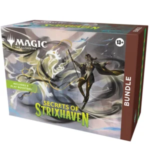 Magic: The Gathering – Secrets of Strixhaven Bundle Keer terug naar Strixhaven University en bereid je voor op jouw grootste test. In Secrets of Strixhaven kies je jouw magische studie en ontdek je de wereld van Arcavios, vol krachtige spreuken, oude geheimen en mysterieuze dreigingen. De Bundle is de perfecte all-in set voor spelers en collectors die direct willen starten. Met een combinatie van boosters, exclusieve promo en handige accessoires heb je alles in handen om te openen, spelen én organiseren. 🎁 Inhoud van de Bundle: • 9 Secrets of Strixhaven Play Boosters • 1 exclusieve foil promo kaart met alternatief artwork • 30 landkaarten 15 foil (waarvan 5 full-art) 15 non-foil (waarvan 5 full-art) • 1 oversized Spindown levensteller • 1 opbergdoos (bundle-exclusive) • 2 referentiekaarten