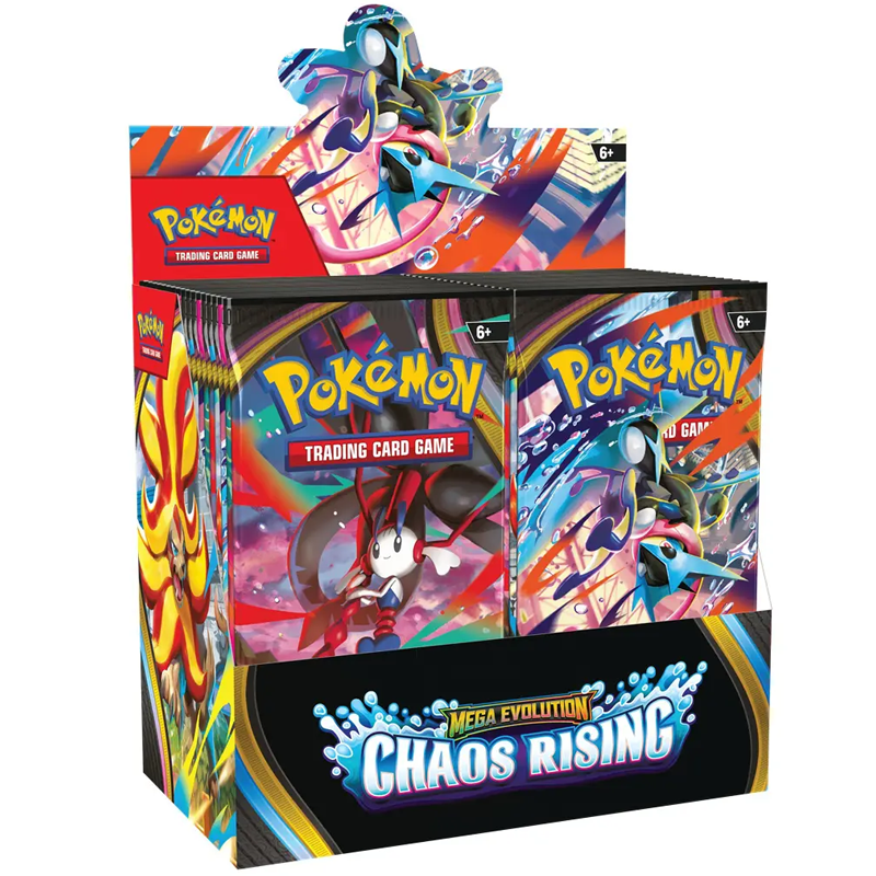 Met de Pokémon TCG Mega Evolution Chaos Rising Booster Box haal je direct 36 booster packs uit deze nieuwe Engelstalige Pokémon set in huis. De set staat in het teken van krachtige Mega Evolution Pokémon ex, waaronder Mega Greninja ex, Mega Floette ex, Mega Pyroar ex en Mega Dragalge ex. Chaos Rising bevat meer dan 120 kaarten en is interessant voor zowel spelers als verzamelaars. Zoek je nieuwe kaarten voor je deck, wil je kans maken op bijzondere rares en illustration cards, of open je simpelweg graag een volledige booster box van een nieuwe set, dan is dit een uitstekende keuze. Een booster box is bovendien een populaire optie voor wie meer uit een set wil halen dan met losse packs. Je opent in één keer een groot aantal boosters en vergroot daarmee de kans op meerdere mooie pulls uit Chaos Rising. Inhoud van de Chaos Rising Booster Box: 36 Chaos Rising booster packs Engelstalige Pokémon TCG booster box Release op 22 mei 2026 De Chaos Rising Booster Box is daarmee een goede keuze voor iedereen die de set uitgebreid wil openen of sealed aan de collectie wil toevoegen.