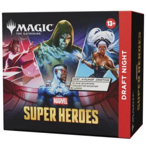Magic: The Gathering – Marvel Super Heroes Draft Night Avengers... Assemble the Magic! Het Marvel-universum betreedt de wereld van Magic: The Gathering in een spectaculaire crossover vol iconische helden, beruchte schurken en epische gevechten. Kies jouw kant, bouw krachtige decks en strijd met legendarische personages als Captain America, Iron Man, Spider-Man, Fantastic Four, Doctor Doom en Thanos. De Marvel Super Heroes Draft Night is dé manier om samen met vrienden een complete Magic Draft-avond te beleven. Alles wat je nodig hebt voor een avond vol spanning, strategie en Marvel-actie zit in één box. De complete Draft-ervaring voor vier spelers Draft Night is speciaal samengesteld om direct met vier spelers aan de slag te gaan. Iedere speler ontvangt drie Play Boosters waarmee een Pick-Two Draft wordt gespeeld. Hierbij kies je steeds twee kaarten tegelijk, waardoor de draft sneller verloopt en iedere speler meer interessante keuzes krijgt tijdens het bouwen van zijn of haar deck. Na het draften bouwt iedere speler een deck van 40 kaarten met behulp van de meegeleverde basic lands. Vervolgens is het tijd om de strijd aan te gaan en te ontdekken wie de sterkste held – of gevaarlijkste schurk – van de avond wordt. Inclusief Collector Booster als hoofdprijs Alsof een avond draften nog niet leuk genoeg is, bevat iedere Draft Night Box ook een Marvel Super Heroes Collector Booster. Gebruik deze als prijs voor de winnaar of open hem samen na afloop van de draft. Hoe je hem ook inzet, hij zorgt gegarandeerd voor een spectaculaire afsluiting van de avond. Waarom kiezen voor de Marvel Super Heroes Draft Night? Complete Draft-ervaring voor 4 spelers Inclusief 12 officiële Marvel Super Heroes Play Boosters Speel de populaire Pick-Two Draft-variant Bouw direct een 40-kaarten deck Inclusief voldoende Basic Lands Collector Booster inbegrepen als prijs of bonus Perfect voor een gezellige Magic-avond met vrienden Ideaal voor zowel nieuwe als ervaren Magic-spelers Inhoud van de Magic: The Gathering – Marvel Super Heroes Draft Night 12 Magic: The Gathering – Marvel Super Heroes Play Boosters 1 Magic: The Gathering – Marvel Super Heroes Collector Booster 90 Marvel Super Heroes Basic Land-kaarten Organiseer jouw eigen Marvel Draft Night, bouw unieke decks met iconische helden en schurken en beleef een onvergetelijke Magic: The Gathering-avond met vrienden.
