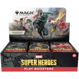 Magic: The Gathering – Marvel Super Heroes Play Booster Box Avengers... Assemble the Magic! Het Marvel-universum betreedt de wereld van Magic: The Gathering in een spectaculaire crossover vol iconische helden, beruchte schurken en epische gevechten. Kies jouw kant, bouw krachtige decks en strijd met legendarische personages als Captain America, Iron Man, Spider-Man, Fantastic Four, Doctor Doom en Thanos. De Marvel Super Heroes Play Booster Box is dé keuze voor spelers die willen draften, sealed willen spelen of hun collectie willen uitbreiden met de nieuwste Marvel-kaarten. Elke booster zit boordevol nieuwe kaarten, prachtige illustraties en de kans op extra rares, mythic rares en bijzondere showcase-uitvoeringen. Speel, verzamel en ontdek Marvel in Magic Deze unieke Magic: The Gathering-uitbreiding brengt het complete Marvel-universum tot leven. Bekende helden en schurken beschikken over hun eigen speelstijl, vaardigheden en strategieën, waardoor iedere kaart een nieuwe manier biedt om het spel te beleven. Of je nu een fan bent van Marvel, een ervaren Magic-speler bent of beide werelden wilt combineren, deze set is een absolute must-have. Wat zijn Play Boosters? Play Boosters combineren het beste van twee werelden. Ze zijn ontworpen voor Limited-formats zoals Booster Draft en Sealed Deck, maar zijn ook perfect om simpelweg open te maken en je verzameling uit te breiden. Dankzij de vernieuwde samenstelling maak je bovendien meer kans op: Extra Rare- en Mythic Rare-kaarten Prachtige Showcase-uitvoeringen Speciale Alternate Art-kaarten Foil kaarten in iedere booster Wildcard-slots met kaarten van iedere zeldzaamheid Hierdoor blijft iedere booster spannend tot de allerlaatste kaart. Waarom kiezen voor de Marvel Super Heroes Play Booster Box? Officiële Magic: The Gathering Marvel-uitbreiding Perfect voor Booster Draft en Sealed Deck Ideaal om je collectie uit te breiden Kans op meerdere Rares en Mythic Rares per booster Inclusief prachtige Showcase- en Special Art-kaarten Gegarandeerd minimaal één Rare én één Foil per booster Onmisbaar voor zowel Marvel-fans als Magic-spelers Inhoud van de Magic: The Gathering – Marvel Super Heroes Play Booster Box 30 Magic: The Gathering – Marvel Super Heroes Play Boosters Iedere booster bevat 14 Magic: The Gathering-kaarten Samenstelling per Play Booster 1–4 Rare of Mythic Rare-kaarten 3–5 Uncommon-kaarten 6–9 Common-kaarten 1 Land-kaart 1 Foil-kaart 2 Wildcard-slots (1 Foil & 1 Non-Foil) Iedere Play Booster bevat altijd minimaal één Rare en één Foil-kaart. Daarnaast wordt ongeveer 1 op de 7 Rares vervangen door een Mythic Rare, terwijl de Wildcard-slots extra kans geven op kaarten van iedere zeldzaamheid. Open de nieuwste Marvel-uitbreiding van Magic: The Gathering, bouw krachtige decks met je favoriete helden en schurken en beleef één van de meest spectaculaire crossovers die Magic ooit heeft uitgebracht.