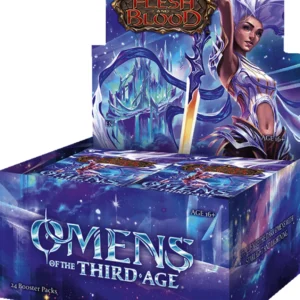 Flesh and Blood TCG – Omens of the Third Age Booster Display (24 Packs) – Engels Challenge the omens. Ride the Lightning! Onheilspellende symbolen verlichten de hemel boven Rathe — eeuwenoude voortekens die wijzen op een duistere toekomst niet meer gezien sinds het Derde Tijdperk. Omens of the Third Age is de 19e grote booster set van het razend populaire Flesh and Blood TCG, en brengt een elektrificerende ervaring vol Lightning-magie, ancient secrets en epische storytelling naar het slagveld. Aurora en Oscilio reizen naar de Auric Keep diep in de Nebulus Rift om de hulp in te schakelen van de mysterieuze Zyggy Starlight. Samen moeten ze de kracht van de Lightning Flow beheersen, de geheimen van het Third Age ontsluieren en de naderende dreiging stoppen voordat heel Rathe corrupteert. Deze set introduceert maar liefst drie Lightning heroes uit drie verschillende klassen: de geliefde fan-favorite Aurora (Lightning Runeblade) is terug met haar signature go-fast gameplan en een paar verbluffende nieuwe tricks, Oscilio keert terug in compleet nieuwe vorm, én de gloednieuwe Zyggy Starlight (Lightning Illusionist) maakt zijn TCG-debut. De gloednieuwe Lightning Flow mechanic creëert een werkelijk uniek strategisch slagveld: bouw en vernietig Lightning Flow tokens om je tegenstander te overbluffen in een storm van bliksem. Booster Draft en Sealed Deck gameplay is werkelijk elektrificerend! Inhoud van de Booster Display: 24x Omens of the Third Age Booster Packs 16 kaarten per pack (volgens Flesh & Blood standaard pack-structuur) Pack breakdown (per pack): 11x Commons 2x Rare of Majestic (1 Rare + 1 Rare/Majestic) 1x Rainbow Foil (any rarity) 2x Basic (1 Basic + 1 Basic/Expansion Slot/Legendary/Marvel/Fabled) 1x Cold Foil per 24 packs (vervangt een Basic — gegarandeerd 1 per box!) Set composition (251 kaarten totaal): 1x Fabled 12x Marvel 5x Legendary 37x Majestic 60x Rare 134x Common 14x Basic Hoogtepunten van de set: 3 Lightning Heroes met unieke playstyles: Aurora — Lightning Runeblade (returning fan-favorite) Oscilio — Returning hero in nieuwe Lightning-vorm Zyggy Starlight — Brand-new Lightning Illusionist Hero klassen: Runeblade, Illusionist en Wizard Nieuwe Lightning Flow mechanic met token-strategie Setting: Auric Keep in de Nebulus Rift Gegarandeerd 1 Cold Foil per box Elektrificerende Booster Draft en Sealed Deck gameplay Standalone set — perfect voor instappers én veterans