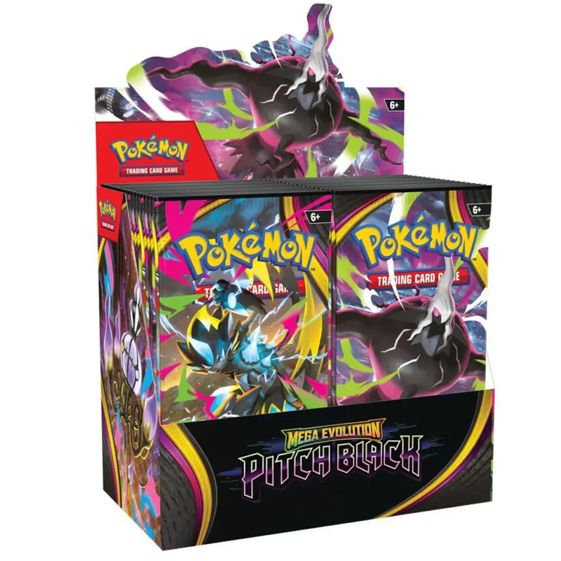 okémon TCG: Mega Evolution Pitch Black Booster Box Betreed de schaduwen van de Mega Evolution-era met de Pokémon TCG: Mega Evolution Pitch Black Booster Box. Deze langverwachte uitbreiding staat volledig in het teken van duisternis, mysterie en krachtige Mega Evolution Pokémon ex, met Mega Darkrai ex als hét gezicht van de set. Voor verzamelaars en spelers is een booster box de ultieme manier om een nieuwe uitbreiding te ontdekken. Met maar liefst 36 booster packs krijg je volop kansen om bijzondere kaarten te openen, je collectie uit te breiden en nieuwe strategieën te ontdekken voor jouw Pokémon TCG-decks. Naast Mega Darkrai ex bevat Pitch Black ook andere indrukwekkende Mega Evolution Pokémon zoals Mega Zeraora ex, Mega Chandelure ex en Mega Excadrill ex. Dankzij het sterke thema, de prachtige illustraties en de kans op zeldzame kaarten behoort Pitch Black tot één van de meest gewilde Pokémon-uitbreidingen van het jaar. Inhoud 1 Pokémon TCG: Mega Evolution Pitch Black Booster Box 36 Booster Packs per box Waarom kiezen voor een Pitch Black Booster Box? Dé beste manier om de set uitgebreid te openen Mega Darkrai ex staat centraal in deze uitbreiding Kans op krachtige Mega Evolution Pokémon ex Ideaal voor verzamelaars én spelers Perfect voor box breaks, deckbuilding en verzamelingen Meer openingsplezier dan losse boosters Of je nu op zoek bent naar de meest gewilde kaarten uit de set, jouw collectie wilt uitbreiden of nieuwe kaarten nodig hebt voor je decks, de Mega Evolution Pitch Black Booster Box biedt de complete Pokémon TCG-openingservaring. Let op: De inhoud van booster packs is willekeurig samengesteld. Specifieke kaarten, illustraties of zeldzaamheden kunnen niet worden gegarandeerd.