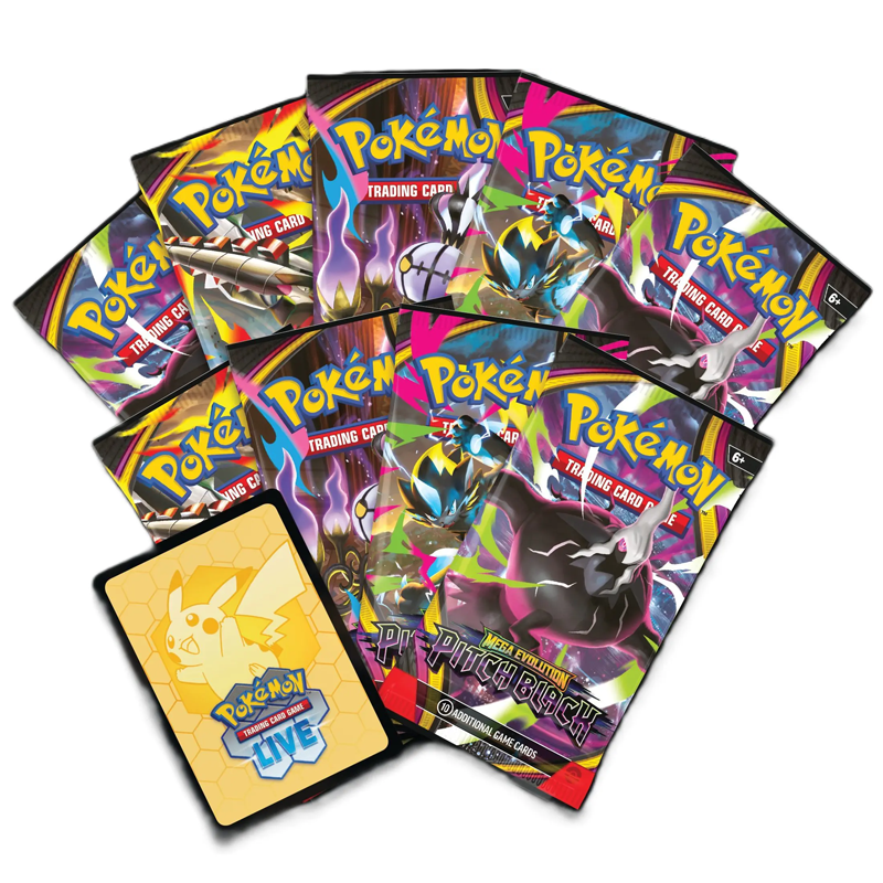 Pokémon TCG: Mega Evolution Pitch Black Elite Trainer Box Bereid je voor op de duisternis van de Mega Evolution-era met de Pokémon TCG: Mega Evolution Pitch Black Elite Trainer Box. Deze premium verzamelbox is de perfecte manier om de nieuwste Pokémon-uitbreiding te ontdekken en bevat alles wat je nodig hebt om jouw collectie of deck naar een hoger niveau te tillen. In Pitch Black worden sterrennachten overschaduwd door de mysterieuze kracht van Mega Darkrai ex. Terwijl schaduwen zich verspreiden, slaan krachtige Pokémon zoals Mega Zeraora ex, Mega Chandelure ex en Mega Excadrill ex terug in één van de meest sfeervolle Pokémon-uitbreidingen van het jaar. Met maar liefst 9 booster packs krijg je volop kansen om nieuwe kaarten uit de set te openen. Daarnaast bevat deze Elite Trainer Box een exclusieve full-art foil promo kaart van Zarude, waardoor dit product extra aantrekkelijk is voor verzamelaars. Naast de kaarten ontvang je ook een uitgebreide selectie premium accessoires, waaronder sleeves, energiekaarten, dobbelstenen en een stevige verzamelbox om je kaarten veilig op te bergen. Inhoud 9 Pokémon TCG: Mega Evolution Pitch Black Booster Packs 1 Full-Art Foil Promo Card van Zarude 65 Kaart sleeves 40 Pokémon TCG Energiekaarten 6 Schade-indicatordobbelstenen 1 Wedstrijd-legale coin-flip dobbelsteen 1 Plastic munt 1 Spelersgids voor de Mega Evolution Pitch Black uitbreiding 1 Verzamelbox 4 Scheidingskaarten 1 Codekaart voor Pokémon TCG Live Waarom kiezen voor de Pitch Black Elite Trainer Box? Exclusieve Full-Art Zarude promo kaart Inclusief 9 booster packs van de nieuwste uitbreiding Complete set accessoires voor spelers Perfect voor verzamelaars én competitieve spelers Ideaal om een nieuwe set te starten of uit te breiden Stevige verzamelbox voor opslag van kaarten en accessoires Of je nu op zoek bent naar bijzondere pulls, een exclusieve promo kaart of een complete Pokémon TCG-ervaring, de Mega Evolution Pitch Black Elite Trainer Box biedt alles wat je nodig hebt om de duistere wereld van Pitch Black te ontdekken.