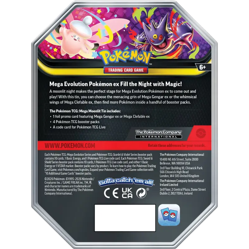 Pokémon TCG: Mega Clefable Moonlit ex Tin Breng wat extra magie naar je Pokémon-collectie met de Mega Clefable Moonlit ex Tin. Deze prachtige verzamelbox zet Mega Clefable ex centraal met een exclusieve foil promokaart en uniek artwork dat speciaal voor deze release is ontworpen. Naast de schitterende promokaart bevat deze tin ook vier Pokémon TCG booster packs, waardoor je direct nieuwe kaarten kunt openen en je collectie verder kunt uitbreiden. Of je nu op jacht bent naar krachtige Pokémon ex, bijzondere illustraties of zeldzame verzamelkaarten, iedere booster biedt nieuwe verrassingen. De stevige metalen tin maakt deze uitgave niet alleen interessant voor spelers en verzamelaars, maar ook perfect om kaarten, accessoires of andere Pokémon-schatten veilig in op te bergen. Inhoud 1 Foil Promo Card van Mega Clefable ex 4 Pokémon TCG Booster Packs 1 Codekaart voor Pokémon TCG Live 1 Metalen Pokémon TCG Tin Waarom kiezen voor de Mega Clefable Moonlit ex Tin? Exclusieve Mega Clefable ex promokaart Uniek artwork speciaal voor deze release Inclusief 4 Pokémon TCG booster packs Handige metalen verzamelbox voor opslag Perfect voor verzamelaars, spelers en Pokémon-fans Of je nu jouw collectie wilt uitbreiden, op zoek bent naar een bijzonder Pokémon-product of een leuk cadeau zoekt voor een Pokémon-liefhebber, de Mega Clefable Moonlit ex Tin biedt een uitstekende combinatie van exclusieve content en spannende booster-openingen.