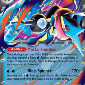 Met de Pokémon TCG: Mega Greninja ex Premium Collection haal je een krachtige premium collectie in huis die volledig draait om Mega Greninja ex. Deze populaire Pokémon verschijnt in deze box als speelbare foil promo kaart én als indrukwekkende oversize lenticular promo kaart voor display. Mega Greninja ex beschikt over de Mortal Shuriken Ability. Hiermee kun je een Basic Water Energy uit je hand discarderen om 6 damage counters op één Pokémon van je tegenstander te plaatsen. Daarna kan Mega Greninja ex toeslaan met Ninja Spinner, een aanval die tot wel 200 damage kan doen. Naast de promo kaarten bevat deze Premium Collection ook een tech sticker van Mega Greninja en 8 Pokémon TCG booster packs. Daarmee is deze collectie interessant voor zowel spelers als verzamelaars en natuurlijk extra aantrekkelijk voor fans van Greninja. De Mega Greninja ex Premium Collection is een mooie box voor iedereen die zijn Pokémon collectie wil uitbreiden met een sterke Mega Pokémon ex, exclusieve promo kaarten en extra booster packs. Inhoud van de Mega Greninja ex Premium Collection 1 foil promo kaart van Mega Greninja ex 1 oversize lenticular promo kaart van Mega Greninja ex 1 tech sticker van Mega Greninja 8 Pokémon TCG booster packs