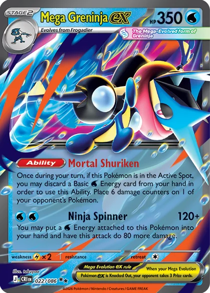 Met de Pokémon TCG: Mega Greninja ex Premium Collection haal je een krachtige premium collectie in huis die volledig draait om Mega Greninja ex. Deze populaire Pokémon verschijnt in deze box als speelbare foil promo kaart én als indrukwekkende oversize lenticular promo kaart voor display. Mega Greninja ex beschikt over de Mortal Shuriken Ability. Hiermee kun je een Basic Water Energy uit je hand discarderen om 6 damage counters op één Pokémon van je tegenstander te plaatsen. Daarna kan Mega Greninja ex toeslaan met Ninja Spinner, een aanval die tot wel 200 damage kan doen. Naast de promo kaarten bevat deze Premium Collection ook een tech sticker van Mega Greninja en 8 Pokémon TCG booster packs. Daarmee is deze collectie interessant voor zowel spelers als verzamelaars en natuurlijk extra aantrekkelijk voor fans van Greninja. De Mega Greninja ex Premium Collection is een mooie box voor iedereen die zijn Pokémon collectie wil uitbreiden met een sterke Mega Pokémon ex, exclusieve promo kaarten en extra booster packs. Inhoud van de Mega Greninja ex Premium Collection 1 foil promo kaart van Mega Greninja ex 1 oversize lenticular promo kaart van Mega Greninja ex 1 tech sticker van Mega Greninja 8 Pokémon TCG booster packs