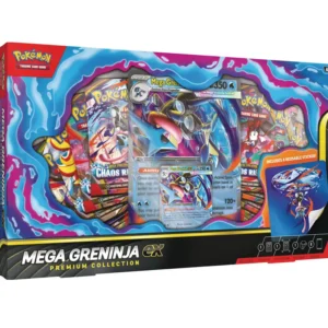 Met de Pokémon TCG: Mega Greninja ex Premium Collection haal je een krachtige premium collectie in huis die volledig draait om Mega Greninja ex. Deze populaire Pokémon verschijnt in deze box als speelbare foil promo kaart én als indrukwekkende oversize lenticular promo kaart voor display. Mega Greninja ex beschikt over de Mortal Shuriken Ability. Hiermee kun je een Basic Water Energy uit je hand discarderen om 6 damage counters op één Pokémon van je tegenstander te plaatsen. Daarna kan Mega Greninja ex toeslaan met Ninja Spinner, een aanval die tot wel 200 damage kan doen. Naast de promo kaarten bevat deze Premium Collection ook een tech sticker van Mega Greninja en 8 Pokémon TCG booster packs. Daarmee is deze collectie interessant voor zowel spelers als verzamelaars en natuurlijk extra aantrekkelijk voor fans van Greninja. De Mega Greninja ex Premium Collection is een mooie box voor iedereen die zijn Pokémon collectie wil uitbreiden met een sterke Mega Pokémon ex, exclusieve promo kaarten en extra booster packs. Inhoud van de Mega Greninja ex Premium Collection 1 foil promo kaart van Mega Greninja ex 1 oversize lenticular promo kaart van Mega Greninja ex 1 tech sticker van Mega Greninja 8 Pokémon TCG booster packs