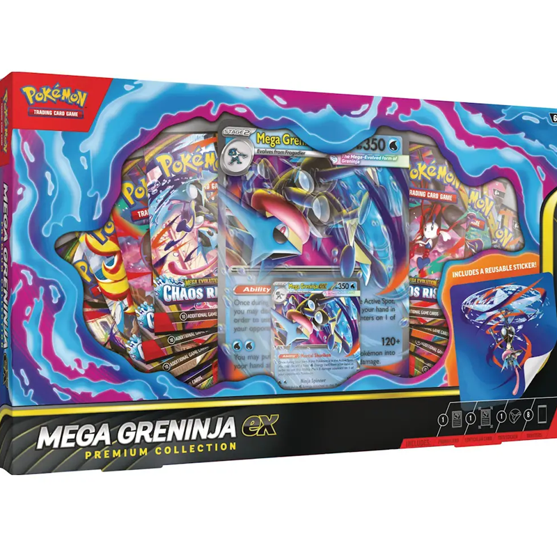 Met de Pokémon TCG: Mega Greninja ex Premium Collection haal je een krachtige premium collectie in huis die volledig draait om Mega Greninja ex. Deze populaire Pokémon verschijnt in deze box als speelbare foil promo kaart én als indrukwekkende oversize lenticular promo kaart voor display. Mega Greninja ex beschikt over de Mortal Shuriken Ability. Hiermee kun je een Basic Water Energy uit je hand discarderen om 6 damage counters op één Pokémon van je tegenstander te plaatsen. Daarna kan Mega Greninja ex toeslaan met Ninja Spinner, een aanval die tot wel 200 damage kan doen. Naast de promo kaarten bevat deze Premium Collection ook een tech sticker van Mega Greninja en 8 Pokémon TCG booster packs. Daarmee is deze collectie interessant voor zowel spelers als verzamelaars en natuurlijk extra aantrekkelijk voor fans van Greninja. De Mega Greninja ex Premium Collection is een mooie box voor iedereen die zijn Pokémon collectie wil uitbreiden met een sterke Mega Pokémon ex, exclusieve promo kaarten en extra booster packs. Inhoud van de Mega Greninja ex Premium Collection 1 foil promo kaart van Mega Greninja ex 1 oversize lenticular promo kaart van Mega Greninja ex 1 tech sticker van Mega Greninja 8 Pokémon TCG booster packs