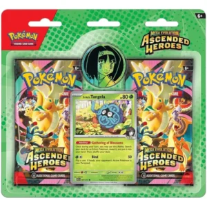 Pokémon TCG – Ascended Heroes 2-Pack Blister – Erika’s Tangela Breid je Pokémon TCG-collectie uit met de Ascended Heroes 2-Pack Blister! Deze blister bevat twee booster packs van Ascended Heroes én een speciale Erika’s Tangela promo kaart, perfect voor verzamelaars en Pokémon-fans. Inhoud 2x Pokémon TCG: Ascended Heroes booster packs 1x Erika’s Tangela promo kaart Open de boosters en ontdek welke Pokémon, bijzondere illustraties en zeldzame kaarten jij aan je collectie kunt toevoegen. Dankzij de meegeleverde Erika’s Tangela promo is deze blister ook interessant voor verzamelaars die hun promo-collectie compleet willen maken. Twee boosters, een speciale promo en volop kans op nieuwe pulls uit Ascended Heroes!
