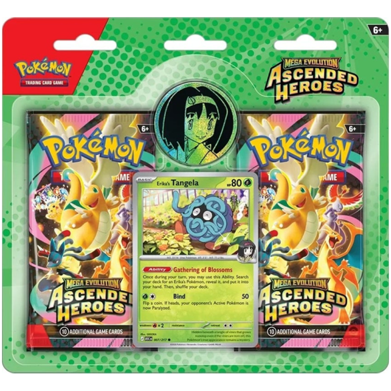 Pokémon TCG – Ascended Heroes 2-Pack Blister – Erika’s Tangela Breid je Pokémon TCG-collectie uit met de Ascended Heroes 2-Pack Blister! Deze blister bevat twee booster packs van Ascended Heroes én een speciale Erika’s Tangela promo kaart, perfect voor verzamelaars en Pokémon-fans. Inhoud 2x Pokémon TCG: Ascended Heroes booster packs 1x Erika’s Tangela promo kaart Open de boosters en ontdek welke Pokémon, bijzondere illustraties en zeldzame kaarten jij aan je collectie kunt toevoegen. Dankzij de meegeleverde Erika’s Tangela promo is deze blister ook interessant voor verzamelaars die hun promo-collectie compleet willen maken. Twee boosters, een speciale promo en volop kans op nieuwe pulls uit Ascended Heroes!