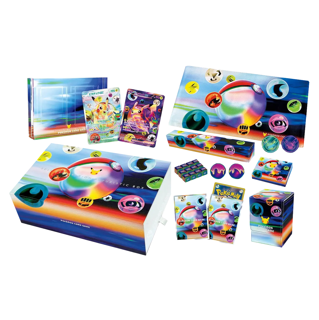 Pokémon TCG: 30th Celebration Futuristic Box (Japans) Vier 30 jaar Pokémon Trading Card Game met de exclusieve Pokémon TCG: 30th Celebration Futuristic Box (Japans). Deze premium jubileumuitgave verschijnt op 16 september 2026 en is één van de meest luxe producten uit de 30th Celebration-serie. Met exclusieve promo kaarten, hoogwaardige accessoires en een futuristisch ontwerp is deze box een absolute must-have voor iedere serieuze Pokémon-verzamelaar. De 30th Celebration-uitbreiding viert drie decennia Pokémon TCG en introduceert de gloednieuwe Futuristic Rare-rarity. Deze unieke kaarten zijn voorzien van opvallende, futuristische illustraties van de bekende Japanse kunstenaar YOSHIROTTEN, waarmee een compleet nieuwe stijl wordt toegevoegd aan het Pokémon Trading Card Game. Het hoogtepunt van deze box zijn de twee exclusieve Pikachu ex Futuristic Rare promo kaarten. Beide kaarten tonen Pikachu in een uniek "dag en nacht"-thema en zijn uitsluitend verkrijgbaar in deze speciale jubileumuitgave. Een waardevolle toevoeging aan iedere Pokémon-collectie. Naast de exclusieve promo's bevat de Futuristic Box diverse premium accessoires in de kenmerkende futuristische stijl van YOSHIROTTEN, waardoor deze uitgave niet alleen geschikt is om mee te spelen, maar ook om te verzamelen. Inhoud 2 exclusieve Pikachu ex Futuristic Rare promo kaarten Premium speelmat Deckbox Schadetellers en conditiemarkers Exclusieve Pokémon 30th Celebration accessoires Pokémon TCG producten (inhoud kan per fabrikant verschillen) Of je nu een fan bent van exclusieve Japanse releases, de nieuwe Futuristic Rare-kaarten wilt bemachtigen of op zoek bent naar één van de meest luxe producten van de 30th Celebration-serie, de Pokémon TCG: 30th Celebration Futuristic Box (Japans) mag niet ontbreken in jouw collectie.