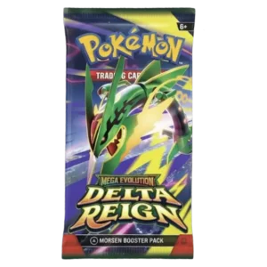 Pokémon TCG: Delta Reign Booster Pack Ontketen de kracht van Mega Rayquaza met de gloednieuwe Pokémon TCG: Delta Reign-uitbreiding. Deze langverwachte set bevat geliefde Pokémon zoals Rayquaza en Eevee en belooft één van de populairste Pokémon-uitbreidingen van het jaar te worden voor zowel verzamelaars als competitieve spelers. Met een Delta Reign Booster Pack maak je kans op indrukwekkende nieuwe kaarten, prachtige illustraties en enkele van de meest gewilde chase cards uit de set. Of je nu jouw collectie wilt uitbreiden of op zoek bent naar krachtige toevoegingen voor je deck, iedere booster biedt een nieuwe verrassing. Hoogtepunten van de set De Meester van het Luchtruim Mega Rayquaza keert terug naar de Pokémon Trading Card Game en staat klaar om het speelveld te domineren. Met een spectaculaire Special Illustration Rare (SIR) behoort Mega Rayquaza nu al tot de grootste chase cards van de uitbreiding. Prachtige Art Rares Delta Reign zit boordevol schitterende Art Rares, Special Illustration Rares (SIR) en andere bijzondere kaarten met adembenemende illustraties van bekende Pokémon-artiesten. Voor verzamelaars én spelers Naast iconische Pokémon zoals Rayquaza en Eevee bevat de uitbreiding ook krachtige nieuwe kaarten die zowel verzamelaars als competitieve spelers zullen aanspreken. Inhoud 1 Pokémon TCG: Delta Reign Booster Pack Bevat 10 extra Pokémon TCG-kaarten Kaarten verschillen per boosterpack.