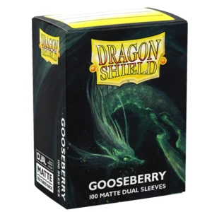 Dragon Shield – Standard Size Dual Matte Sleeves Gooseberry – 100 Sleeves Geef je deck een frisse, zachte uitstraling met de Dragon Shield Dual Matte Gooseberry Sleeves. De pastelgroene Gooseberry-kleur geeft je deck een subtiele en unieke look. De Dual Matte-serie is volledig ondoorzichtig en combineert de populaire gestructureerde Matte-afwerking van Dragon Shield met een zwarte binnenzijde, die een stijlvolle omlijsting rond je kaarten creëert. De sleeves hebben een transparante voorkant en een gestructureerde matte achterkant voor uitstekende handling en soepel schudden. Iedere verpakking bevat 100 Standard Size sleeves voor kaarten tot 63 x 88 mm en wordt geleverd in een herbruikbare kartonnen deckbox voor het bewaren en organiseren van je kaarten. SPECIFICATIES Merk: Dragon Shield Serie: Dual Matte Formaat: Standard Size – geschikt voor kaarten tot 63 x 88 mm Inhoud: 100 sleeves Kleur: Gooseberry (Pastelgroen) Transparante voorkant Gestructureerde matte achterkant Zwarte binnenzijde voor een strakke omlijsting van de kaart Volledig ondoorzichtig Geschikt voor dubbelzijdige kaarten Ontworpen voor soepel schudden en uitstekende handling Inclusief herbruikbare kartonnen deckbox Geschikt voor Magic: The Gathering, Pokémon TCG, Disney Lorcana en andere Standard Size kaartspellen