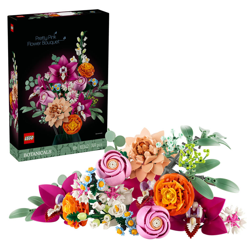 LEGO Botanicals – Roze Boeket 10342 Laat je creativiteit opbloeien met het prachtige LEGO Botanicals Roze Boeket. Deze decoratieve LEGO-set voor volwassenen bestaat uit 15 kleurrijke bloemstelen die je volledig naar eigen smaak kunt schikken tot een uniek boeket. Het boeket bevat een uitgebreide combinatie van bloemen en planten, waaronder rozen, ranonkels, orchideeën, madeliefjes, korenbloemen, eucalyptus, vlierbloesem, campanula en een waterleliedahlia. Dankzij de verstelbare stelen kun je de bloemen steeds opnieuw rangschikken en jouw eigen compositie creëren. Na het bouwen vormt het roze boeket een stijlvolle decoratie voor thuis, op kantoor of in een vitrinekast. Zet de bloemen in je favoriete vaas en geniet van een kleurrijk boeket dat nooit verwelkt. De set kan bovendien worden gecombineerd met andere bouwsets uit de LEGO Botanicals collectie om een nog groter en persoonlijker bloemstuk samen te stellen. Een prachtig bouwproject voor jezelf én een origineel cadeau voor bloemen-, interieur- en LEGO-liefhebbers. Productkenmerken Onderdeel van de LEGO Botanicals collectie Bouw een kleurrijk boeket met 15 bloemstelen Met onder andere rozen, ranonkels, orchideeën, madeliefjes en eucalyptus Verstelbare stelen om het boeket zelf te schikken Ideaal als decoratie voor thuis of op kantoor Te combineren met andere LEGO Botanicals sets Inclusief gedrukte bouwinstructies en ondersteuning via de LEGO Builder app Ontworpen als creatieve bouwset voor volwassenen Specificaties LEGO-nummer: 10342 Aantal onderdelen: 749 Aantal bloemstelen: 15 Afmetingen: verschillen per bloem; de orchideeën zijn ca. 32 cm hoog Serie: LEGO Botanicals Vaas: niet inbegrepen