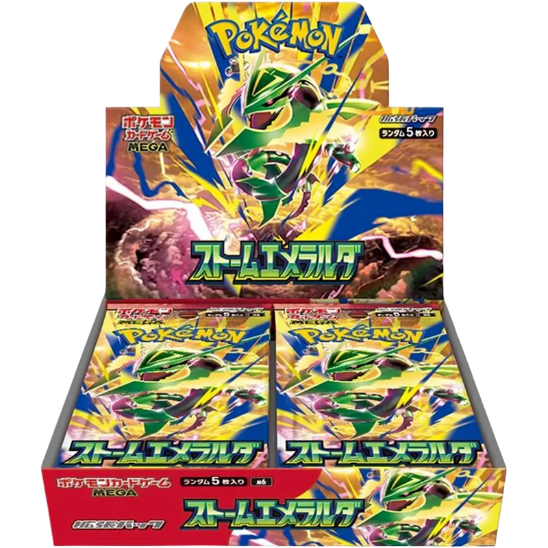 Pokémon Storm Emeralda Booster Box (Japans) Ontdek de nieuwste Japanse Pokémon-uitbreiding met de Pokémon Storm Emeralda Booster Box (Japans). Deze langverwachte set verschijnt naar verwachting op 31 juli 2026 en introduceert een compleet nieuwe reeks Pokémon-kaarten, prachtige illustraties en spannende kaarten voor zowel verzamelaars als spelers. Japanse Pokémon-sets staan bekend om hun uitstekende printkwaliteit, exclusieve kaarten en schitterende artwork. Met een volledige boosterbox heb je de perfecte kans om jouw collectie uit te breiden en op jacht te gaan naar de meest gewilde kaarten uit Storm Emeralda. Of je nu een fanatieke verzamelaar bent, graag Japanse exclusieve kaarten verzamelt of jouw favoriete Pokémon wilt ontdekken in deze gloednieuwe uitbreiding, de Storm Emeralda Booster Box is een prachtige toevoeging aan iedere collectie. Inhoud 1 Pokémon Storm Emeralda Booster Box (Japans) 30 Japanse boosterpacks Ieder boosterpack bevat 5 Japanse Pokémon-kaarten