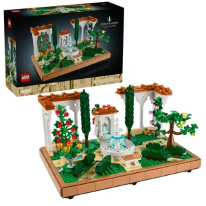 LEGO Icons – Tuin met Fontein 10359 Creëer je eigen kleurrijke oase met de prachtige LEGO Icons Tuin met Fontein. Deze uitgebreide bouwset brengt een sfeervolle tuin tot leven met een elegante fontein, betegelde paden, pergola's, bomen, kleurrijke bloemen en verschillende dieren. De tuin is rijk aan botanische details, waaronder een bloeiende wijnstok, 2 cipressen, rode geraniums, witte petunia's, rode hibiscus, roze bougainvillea en goudsbloemen. De witte zuilen met rode dakpannen en bloeiende klimplanten geven het geheel een mediterrane uitstraling. Dankzij de aanpasbare basis kun je de vier hoekdelen op verschillende manieren indelen. Verplaats de bomen, bloemen en pergola's en creëer zo jouw eigen ideale tuin. Kleine details zoals de maanvlinder, vogel en kikker maken het geheel compleet. Na het bouwen vormt de tuin een indrukwekkend displaymodel en een echte blikvanger voor thuis, op kantoor of in een vitrinekast. Productkenmerken Onderdeel van de LEGO Icons collectie Gedetailleerde tuin met fontein en decoratief betegelde paden Inclusief 4 pergola's met witte zuilen en rode dakpannen Met 2 cipressen en verschillende kleurrijke bloemen en planten Inclusief figuren van een maanvlinder, vogel en kikker Aanpasbare indeling dankzij de verschillende tuindelen Onderdelen kunnen worden verplaatst om je eigen tuin samen te stellen Ideaal als uitgebreid decoratief displaymodel Ondersteuning via de LEGO Builder app Specificaties LEGO-nummer: 10359 Aantal onderdelen: 1302 Afmetingen: ca. 15 cm hoog × 29 cm breed × 19 cm diep Serie: LEGO Icons