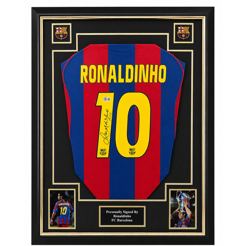 Ronaldinho – Gesigneerd FC Barcelona Shirt | Professioneel Ingelijst